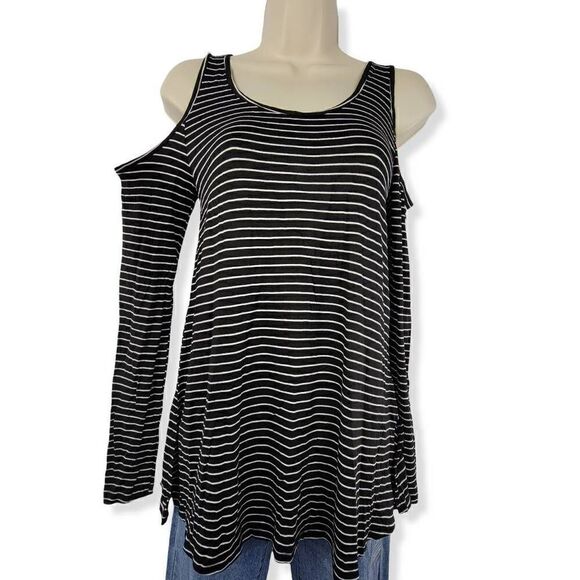 Ultra Flirt Stripe Cold Shoulder long sleeve Top XS Junior - Picture 2 of 4